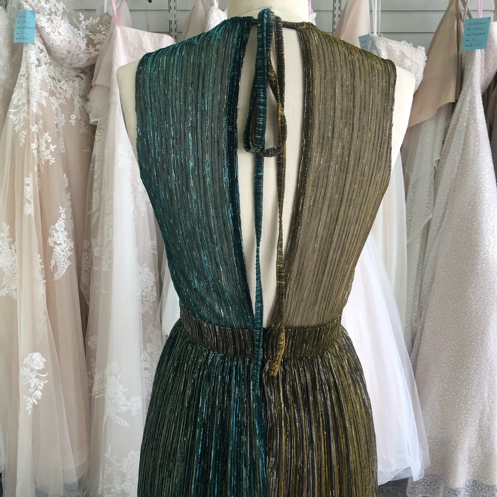 Metallic Turquoise and Gold Plunging Neckline Gown - Picture 7 of 8